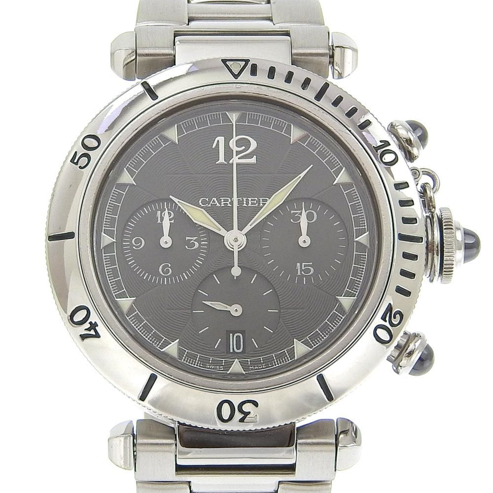 Cartier Pasha Men's Watch, Caliber 205, W3107355, Stainless Steel, Automatic Chronograph, Gray Dial, See-Through Back — Good