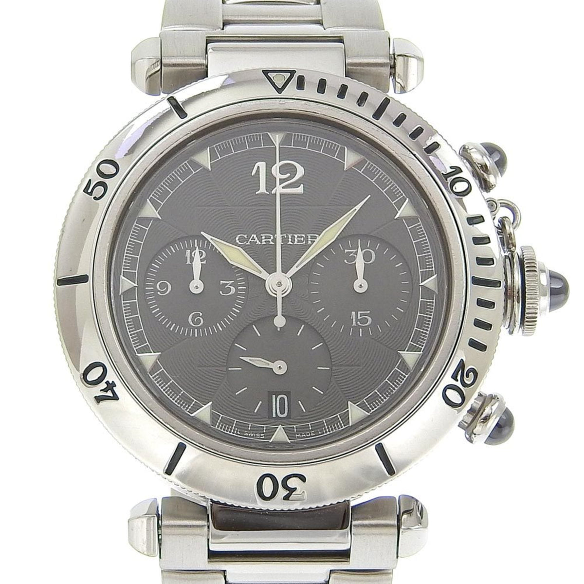 Cartier Pasha Men's Watch, Caliber 205, W3107355, Stainless Steel, Automatic Chronograph, Gray Dial, See-Through Back — Good