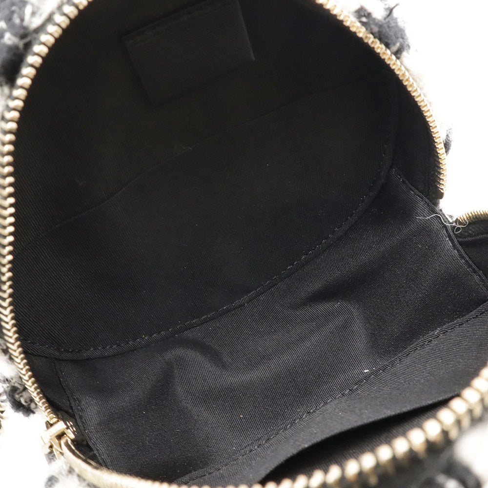 CHANEL Round Chain Shoulder Pochette in Houndstooth Tweed with Boa, Ivory and Black, AP0986 — Like New