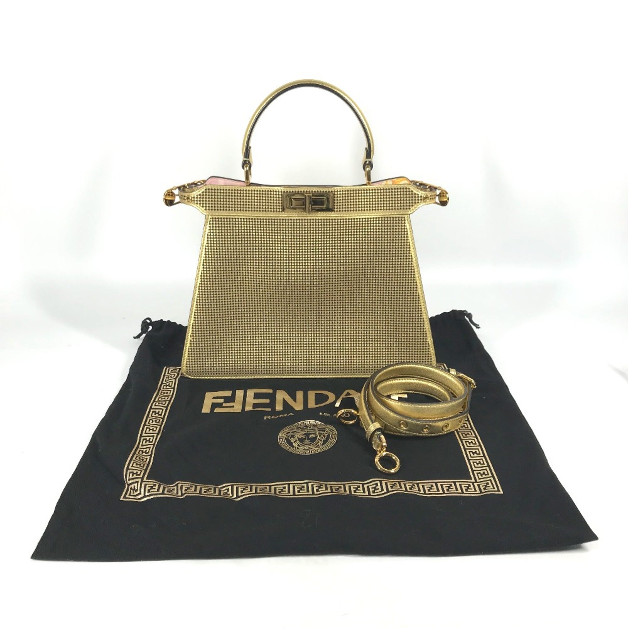 Fendi 8BN321 Versace VERSACE collaboration 2WAY Shoulder Bag Hand Bag Gold pink — Like New
