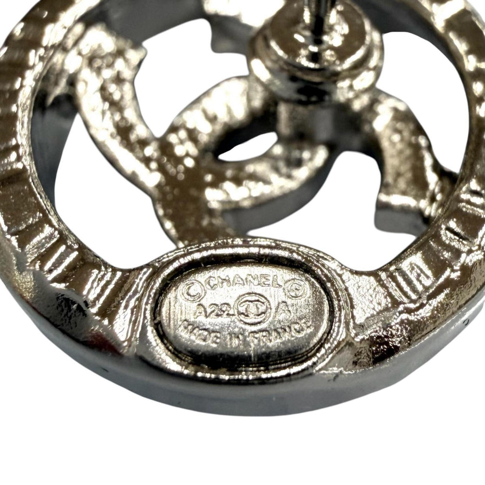 CHANEL AB9068 A22A Metal Coco Mark Rhinestone Circle Earrings, Silver, with Box, Made in France, Women's — Like New