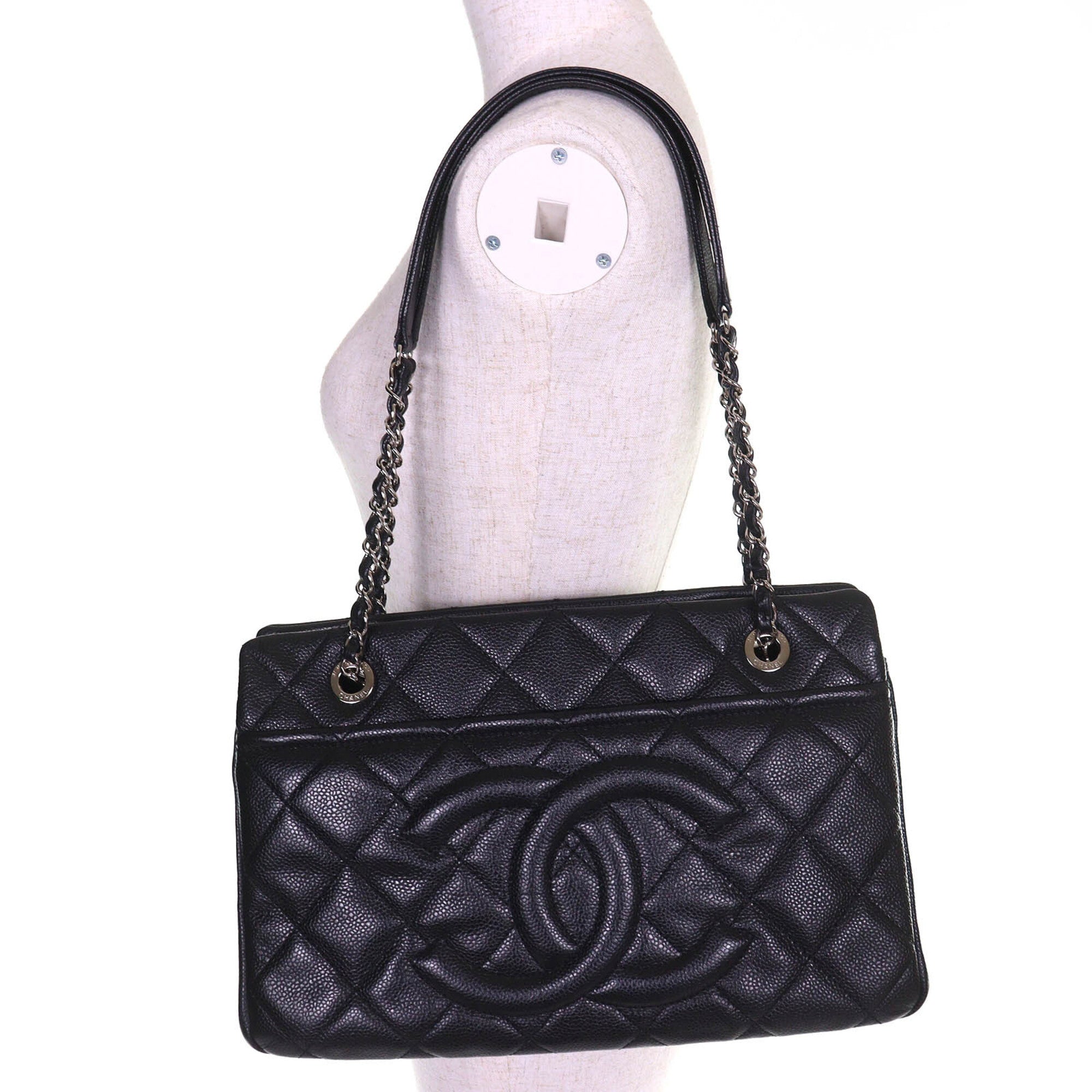 CHANEL A67294 Caviar Skin Coco Mark Matelassé Chain Tote Bag, Black with Silver Hardware, Comes Dust Made in Italy, Women's, Very Popular, Highly Recommended ◎ — Like New