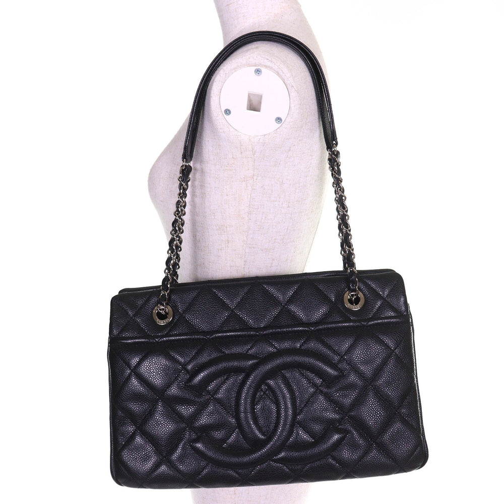 CHANEL A67294 Caviar Skin Coco Mark Matelassé Chain Tote Bag, Black with Silver Hardware, Comes Dust Made in Italy, Women's, Very Popular, Highly Recommended ◎ — Like New
