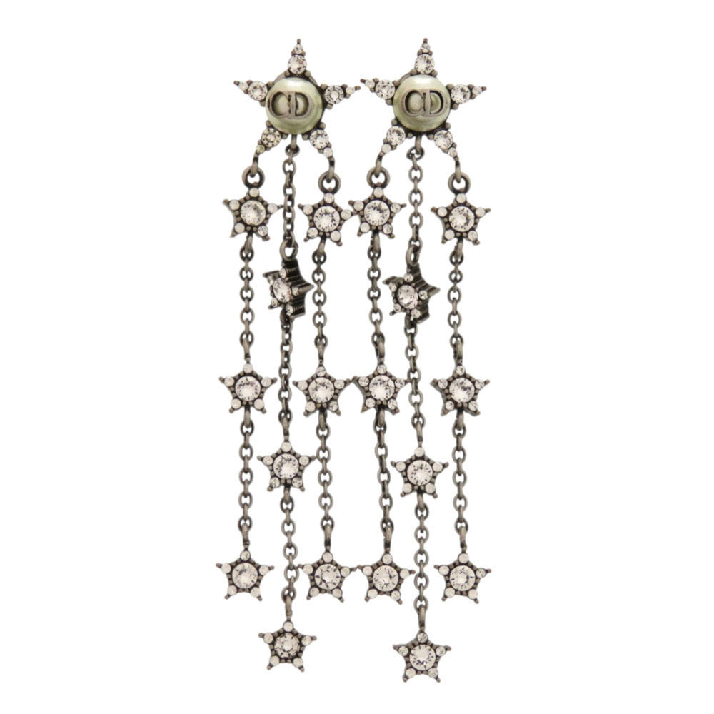 Christian Dior Star Motif CD Logo Stone Gunmetal Earrings Accessory 0872 — Like New