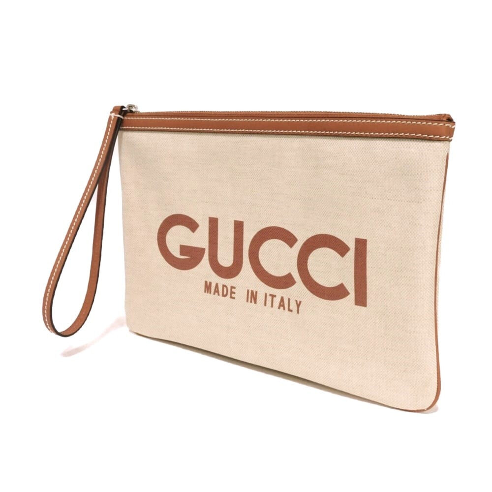Gucci GUCCI Clutch Bag Logo Print Pouch Canvas Brown GG Supreme Cotton Linen Natural 777165 FACUL 8451 Men's — New - Store Return