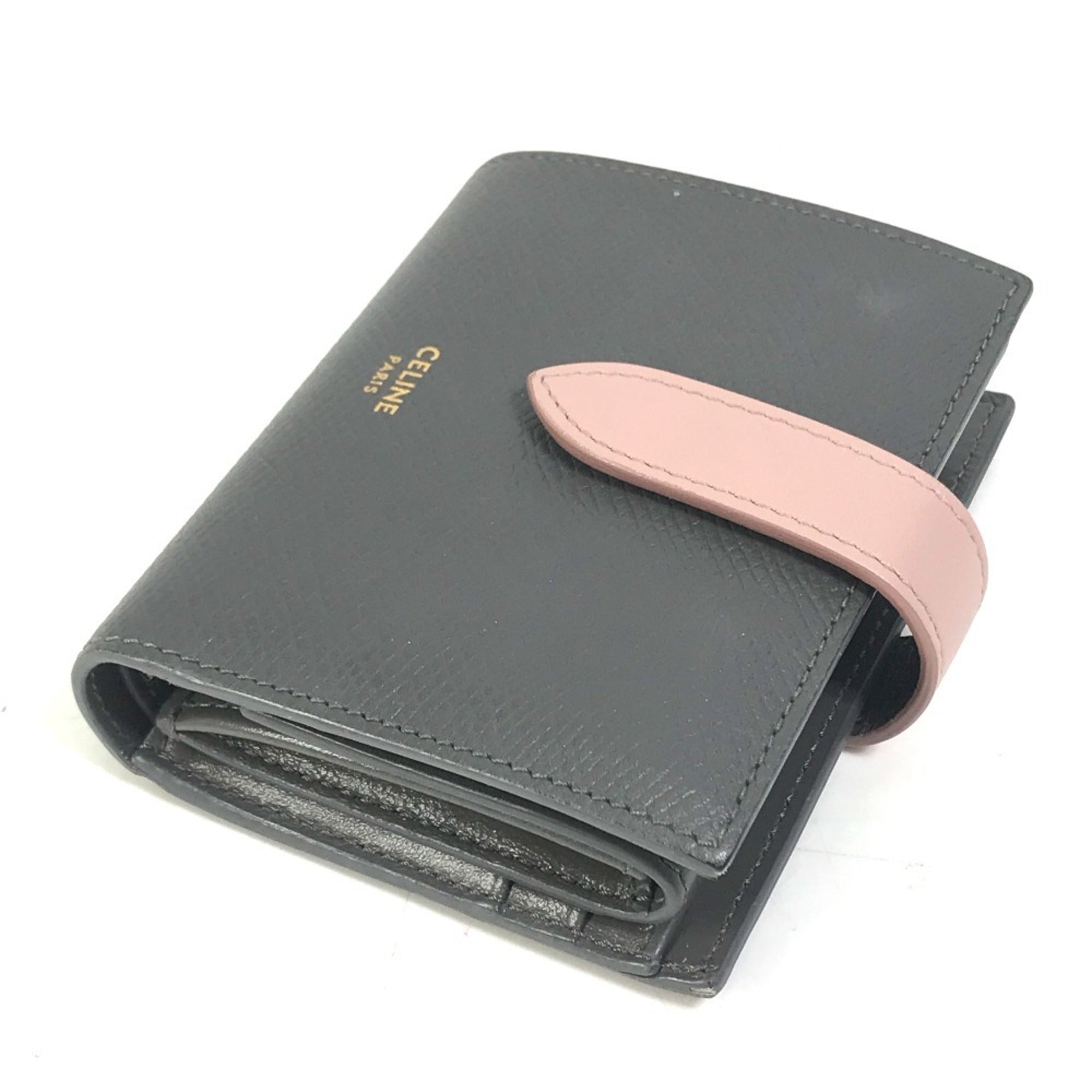 CELINE 10H263BRU.10GV Two-Tone Small Strap Wallet, Compact Tri-Fold Leather Women's, Gray and Pink
