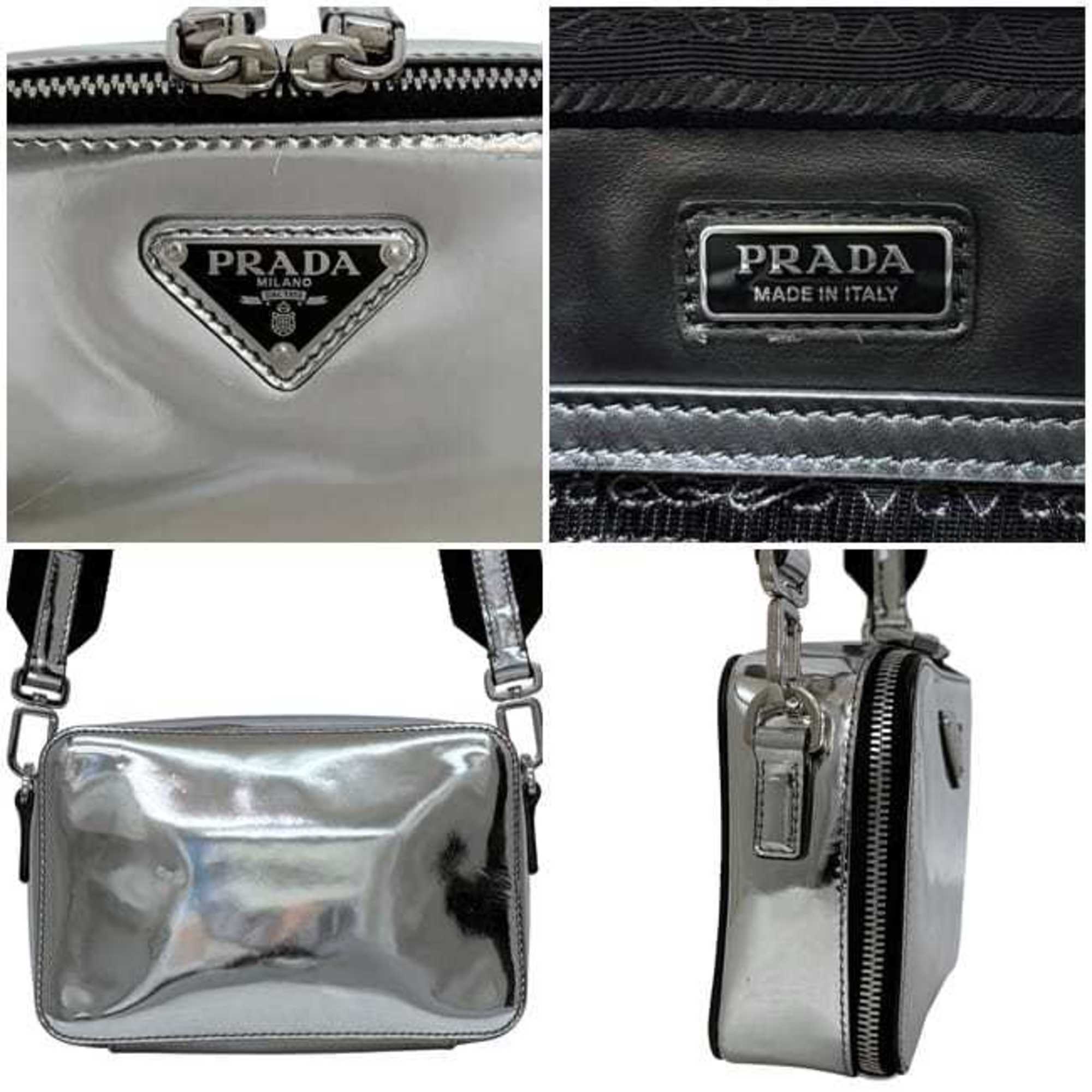 Prada Brick Shoulder Bag f-24855 Silver Black 2VH070 Leather 56 3 PRADA Crossbody Triangle Plate Men's Women's
