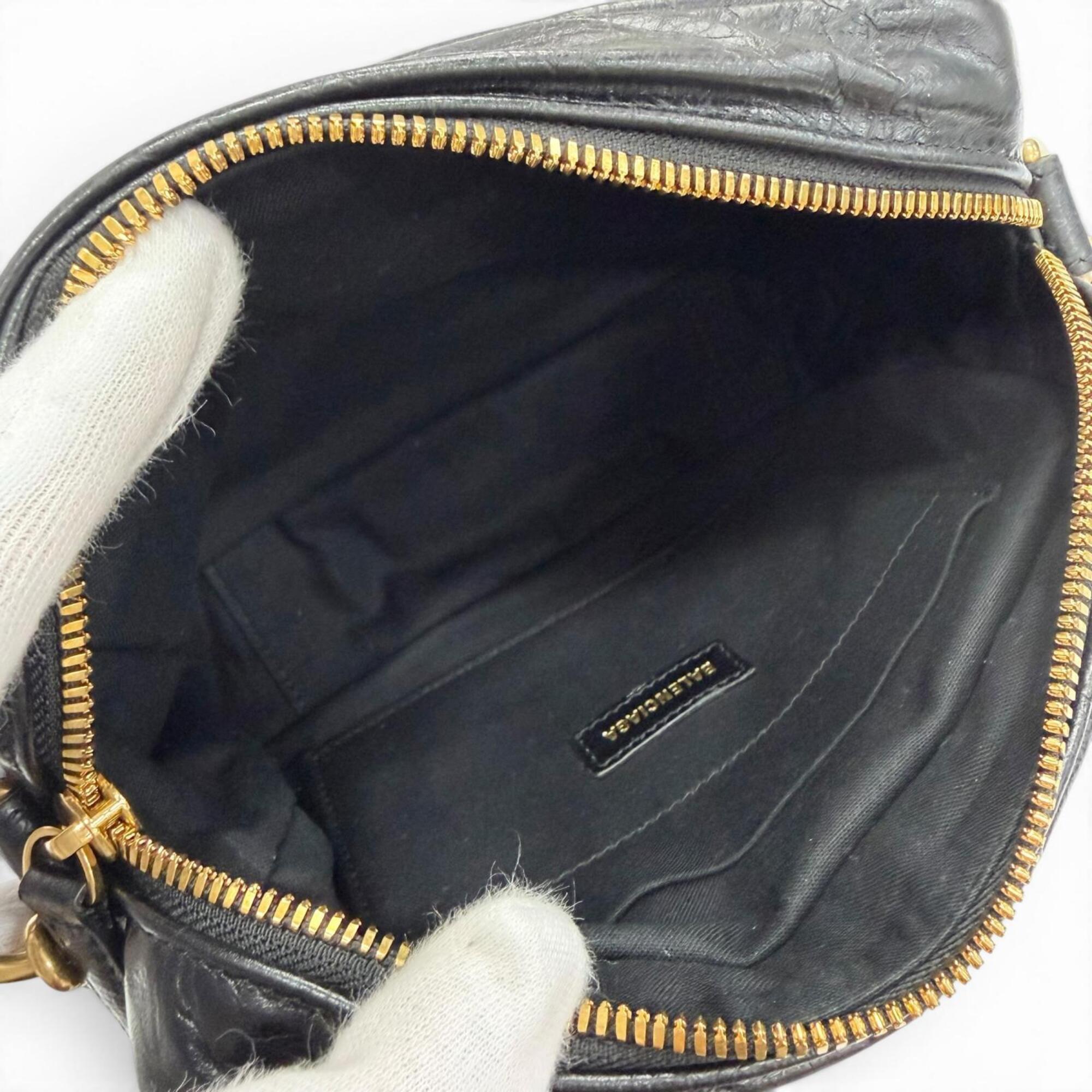 BALENCIAGA 806459 Monaco Arena Calfskin Camera Bag Chain Shoulder Black Antique Gold Hardware Made in Italy Women's — Like New