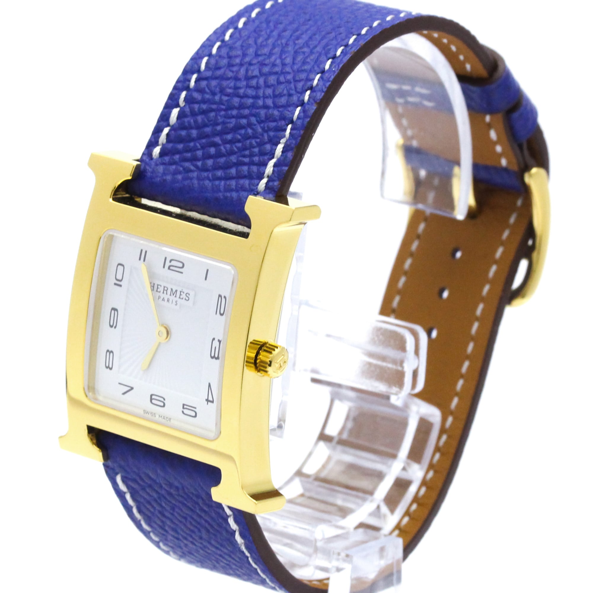 HERMES H Watch Gold Plated Leather Quartz Mens Watch HH1.510 — Very Good