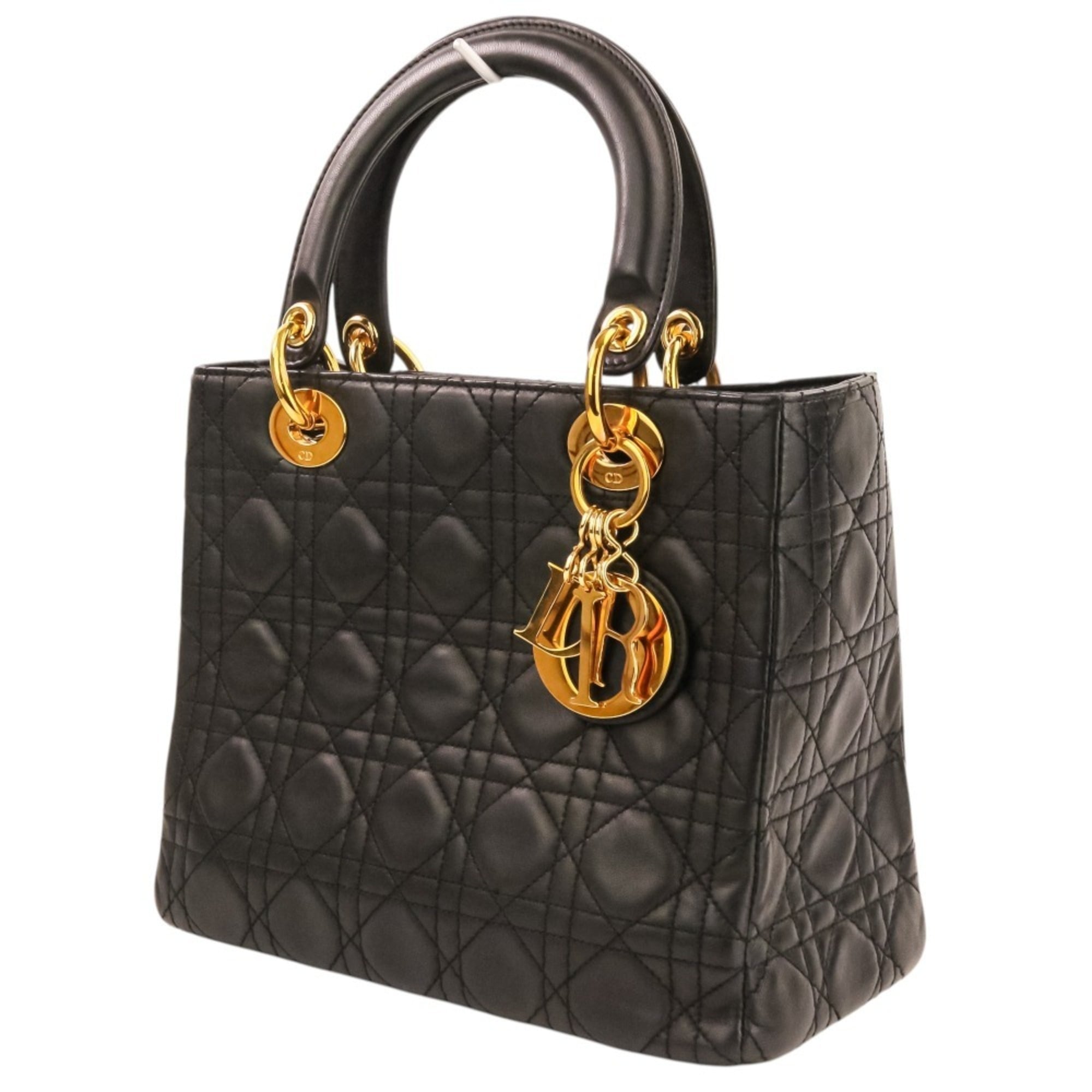 Christian Dior Lady Cannage Leather 2-way Handbag/Shoulder Bag, Black, Women's — Like New