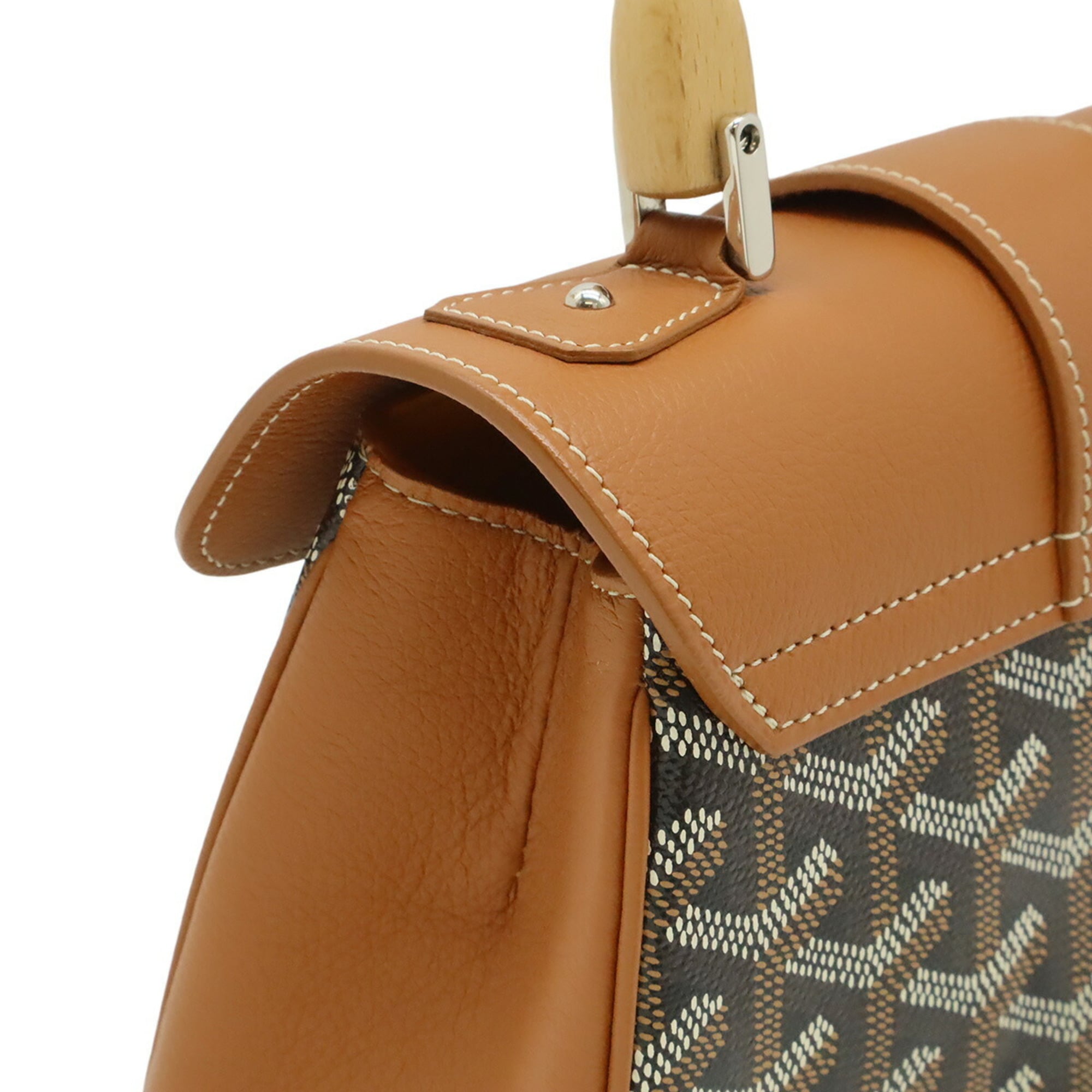 GOYARD Saigon Mini Handbag, Wood Handle Shoulder Bag, Herringbone Pattern, Brown/Black, SAIGONMINTY01CL03P — Like New