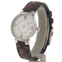 Louis Vuitton Tambour Slim Watch, 8 Diamonds, Q12MGA, Stainless Steel and Leather, Quartz Movement, Analog Display, Silver Dial, Women's — Very Good