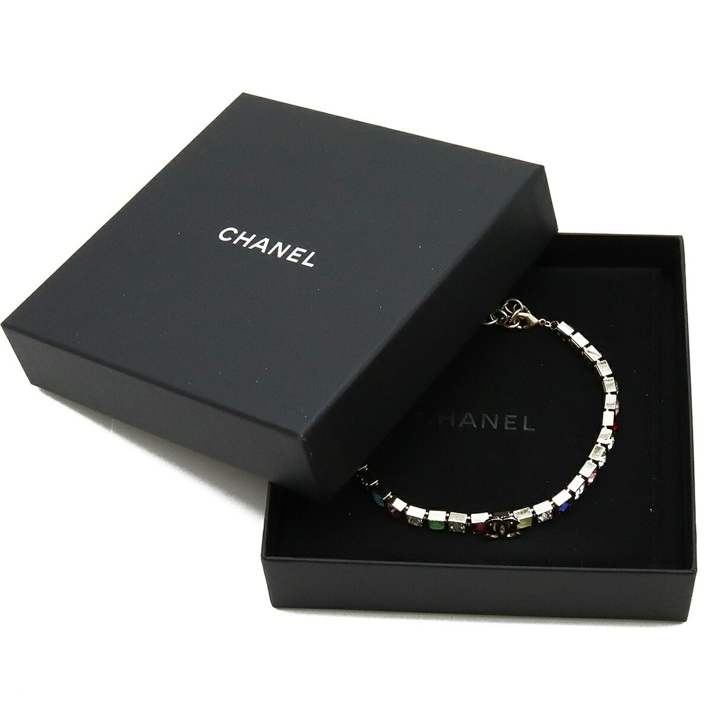CHANEL Coco Mark Square Rhinestone Choker Necklace GP Gold Multicolor A21 K