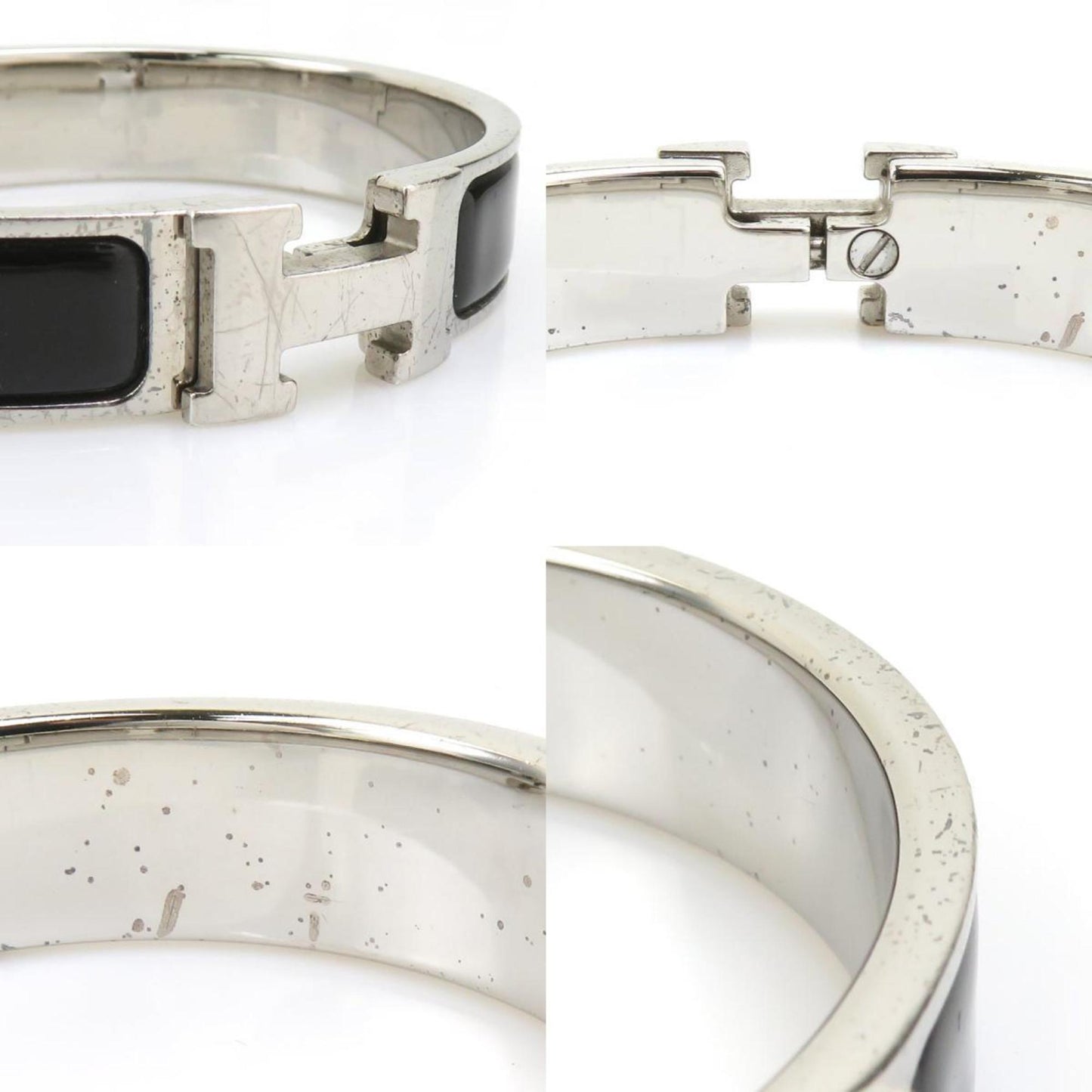 Hermes Hermès Click-Clack Metal Enamel Bangle Bracelet in Silver and Black for Women (e60747a)