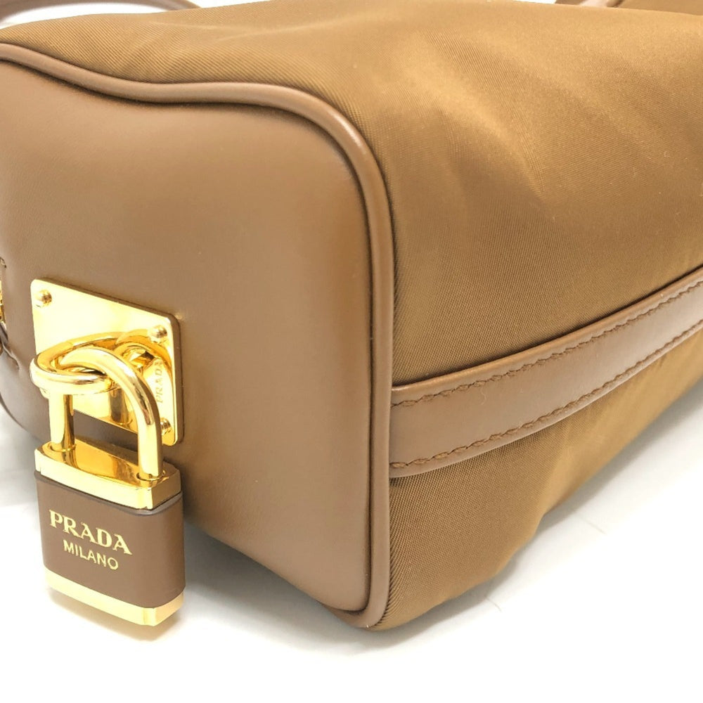 PRADA 1BB127 Padlock Top Handle Medium Shoulder Bag Nylon Leather Women's Brown Like New — Like New