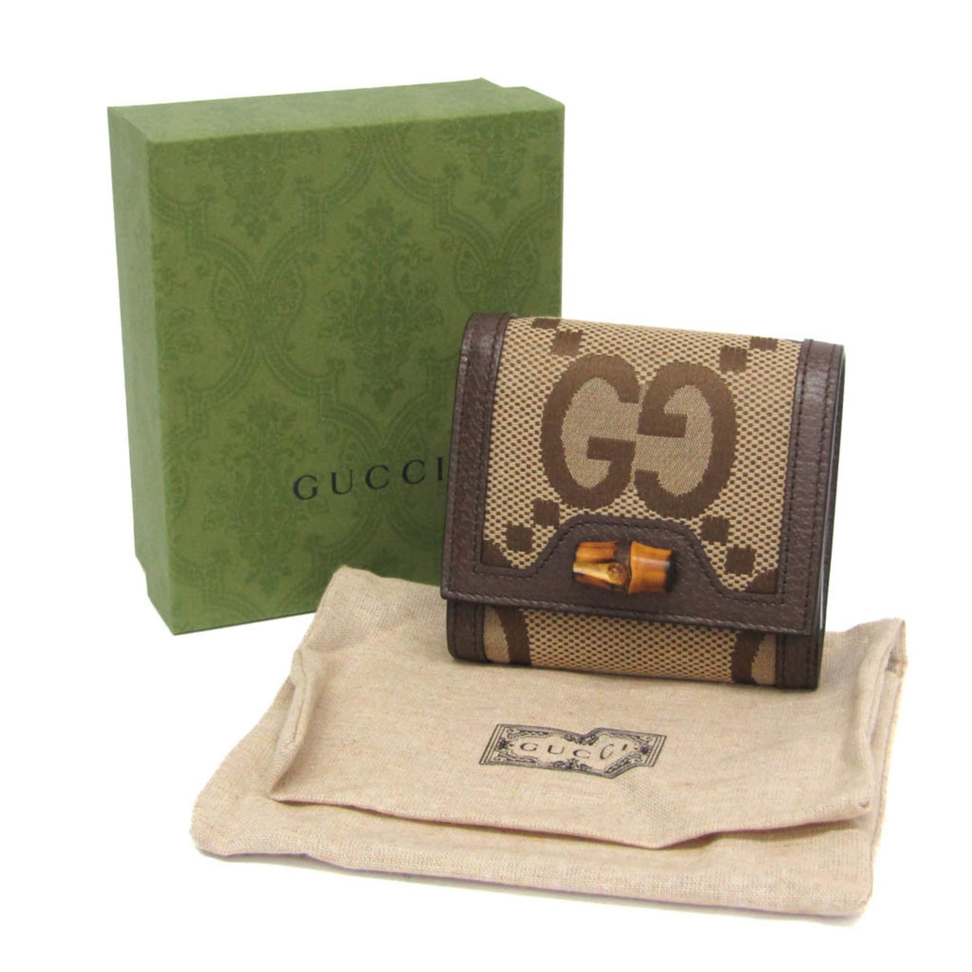 Gucci Bamboo Diana Jumbo GG 658635 Women's Canvas,Leather Wallet (bi-fold) Beige,Brown