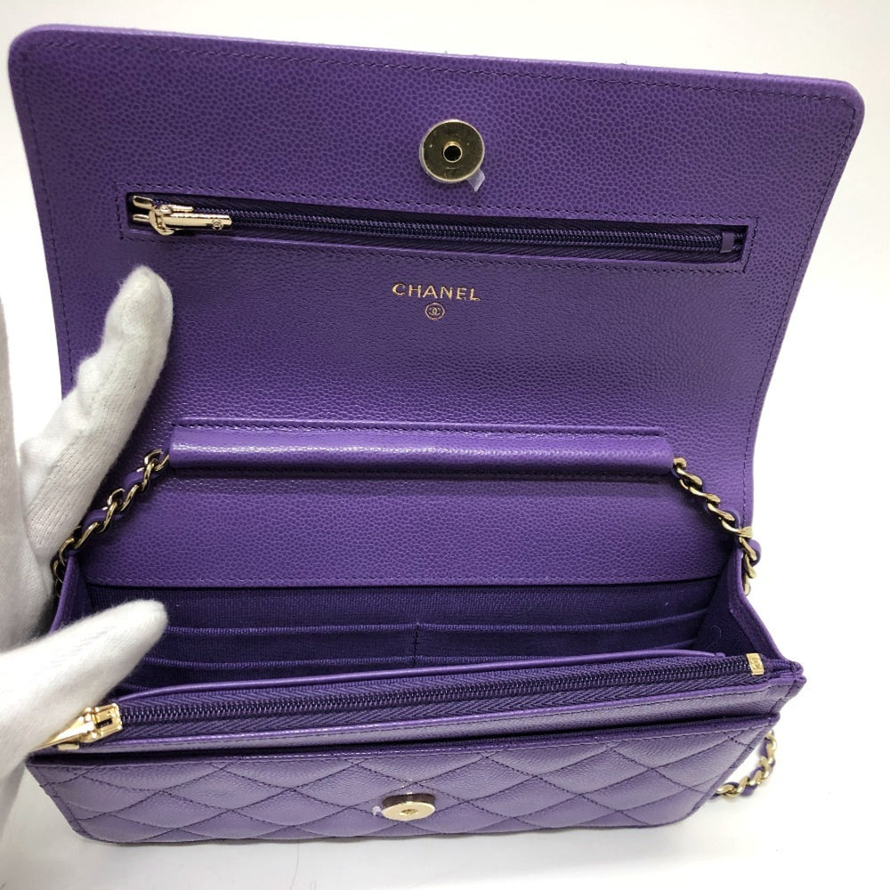 CHANEL A33814 CC Coco Mark Matelasse Chain Wallet Shoulder Bag Caviar Skin Women's Purple — New - Store Return