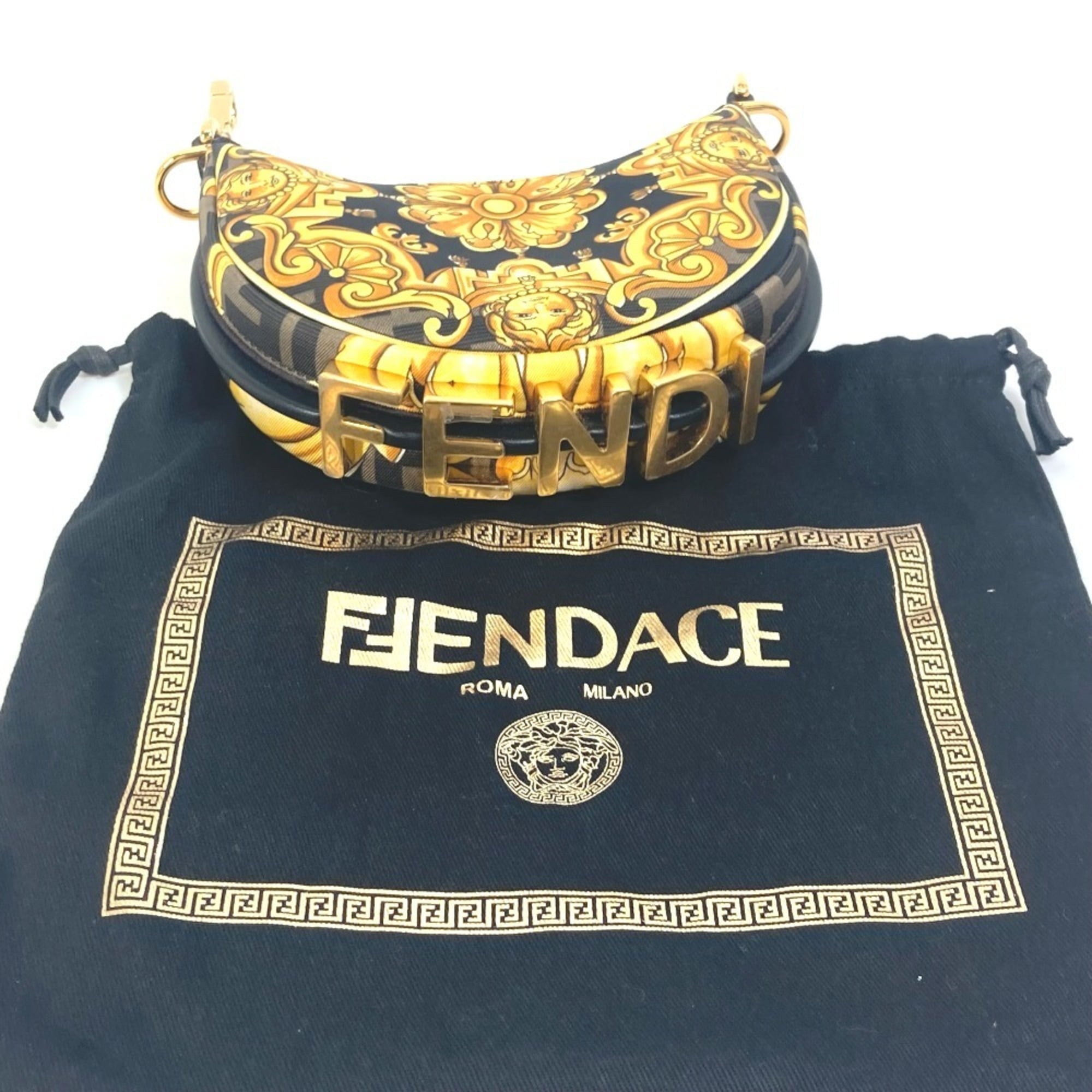 FENDI 7AS089 Nano Fendigraphy Fendace Versace Pouch Clutch Bag Handbag Nylon Leather Women's Yellow — Like New