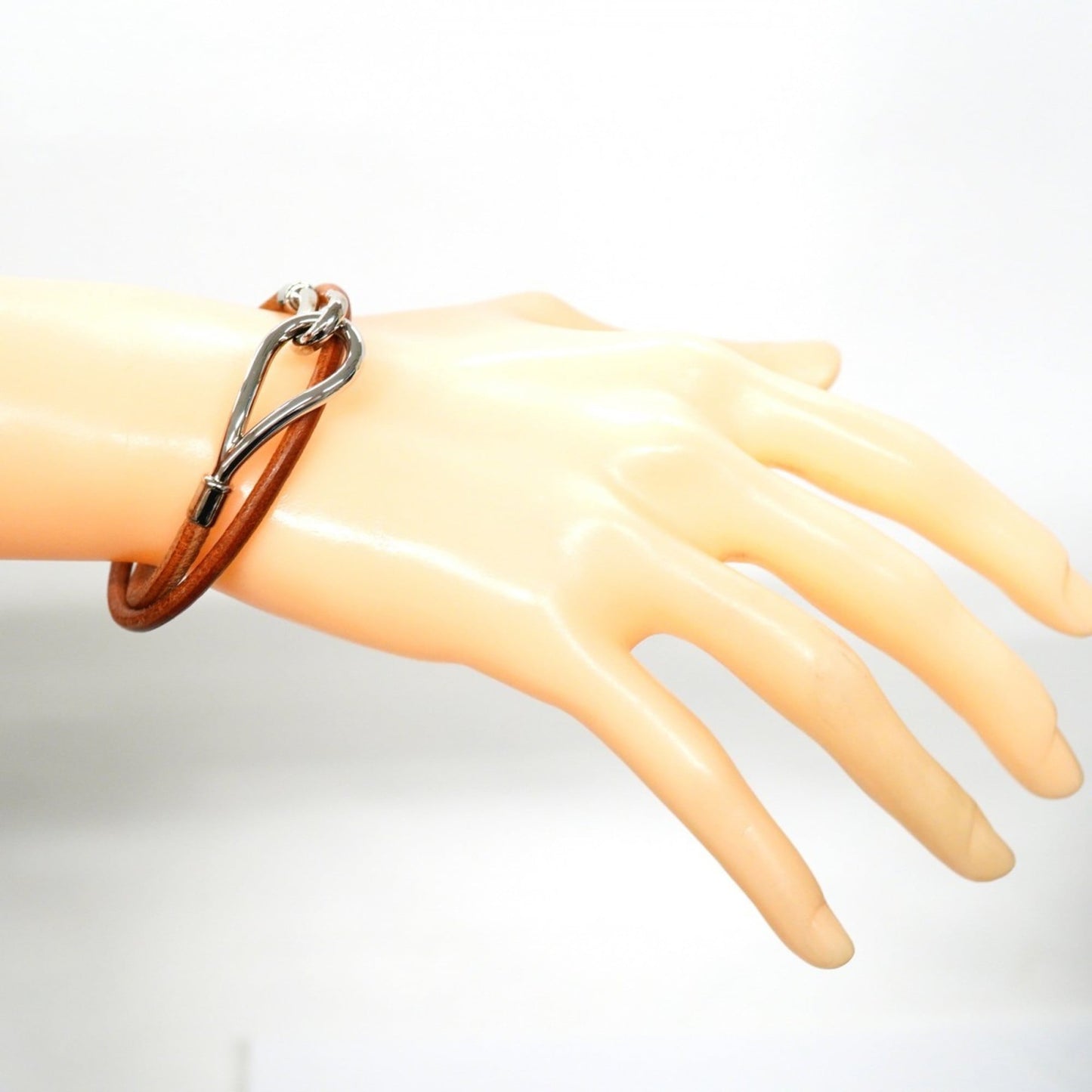 Hermes Jumbo Hook Bracelet, Metal, Leather, Silver, Brown, Women's