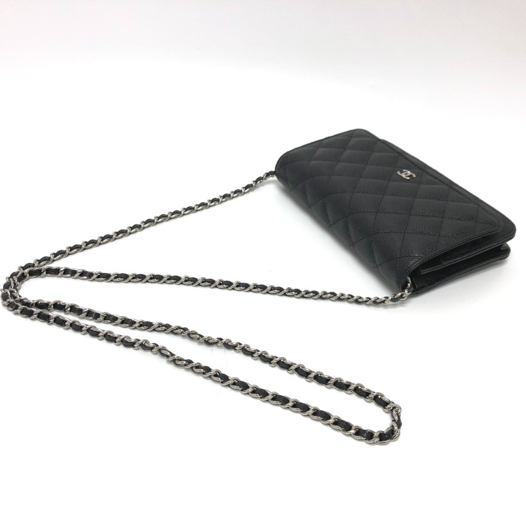CHANEL AP0250 Matelasse Coco Mark Classic Chain Wallet Shoulder Bag Caviar Skin Women's Silver Hardware Black — New - Store Return