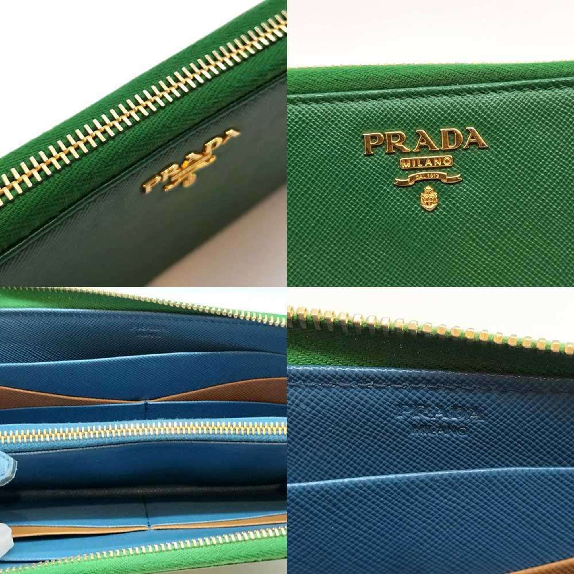 Prada round long wallet in green Saffiano leather.