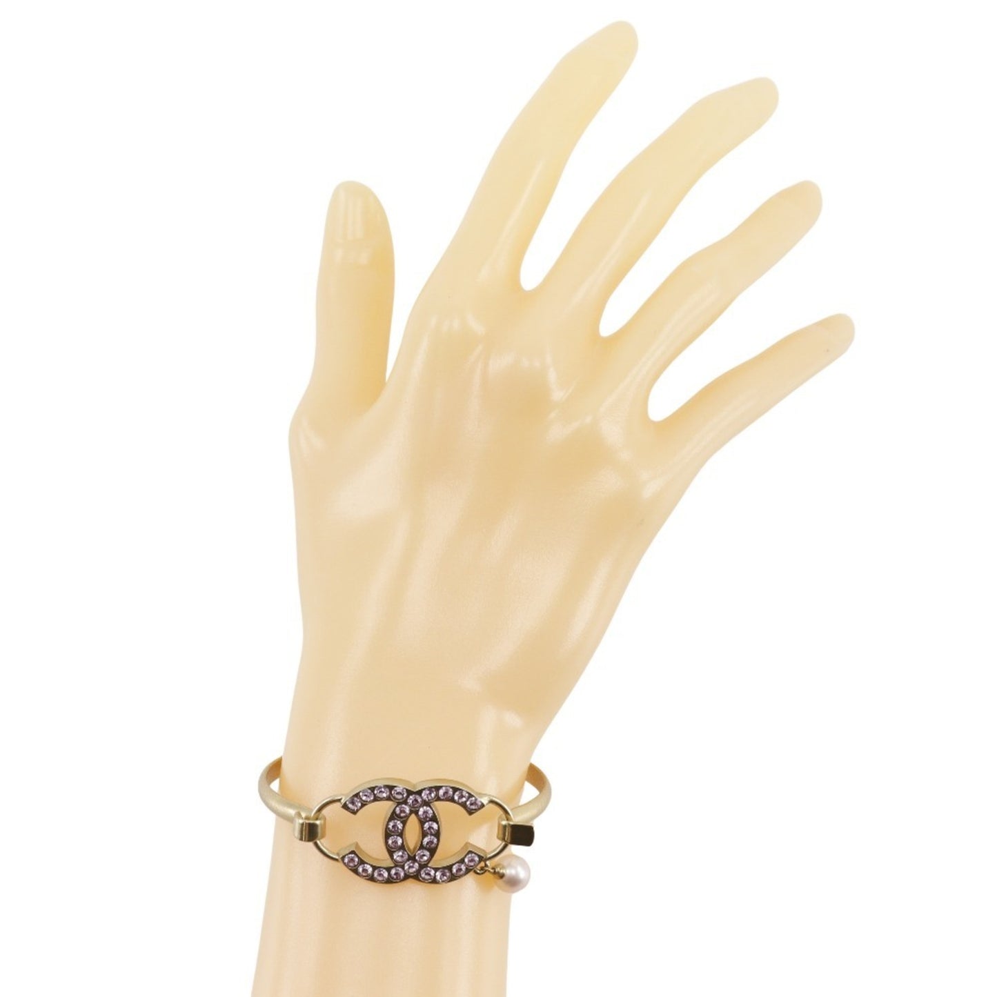 CHANEL Coco Mark Bangle, Gold Plated, Rhinestones, and Faux Pearls, 2002, Pink, 02P, Approx. 15.3g, COCO Mark, Women's