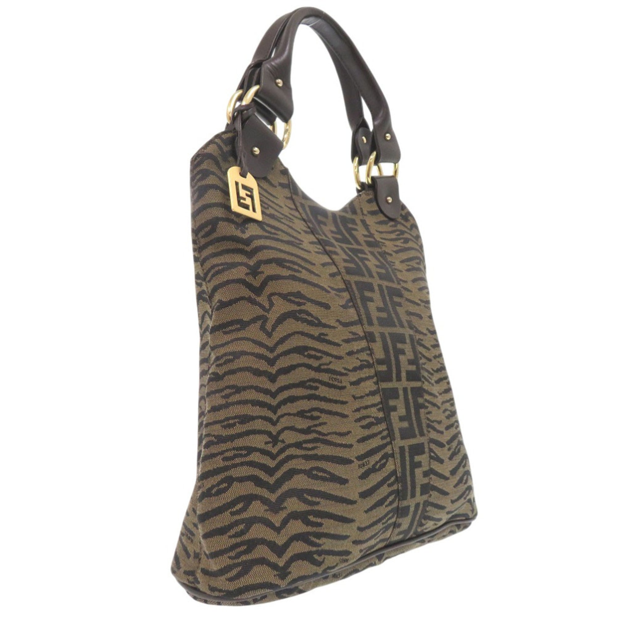 Excellent condition Fendi Zucca handbag in tiger print canvas and leather, brown, 1378