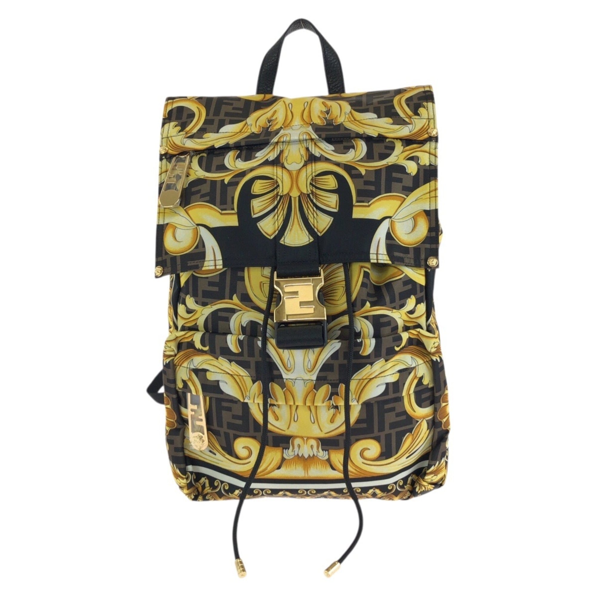 FENDI x VERSACE Backpack (7VZ066) - Black, Brown, Yellow, Gold Hardware, Nylon, Women's — Like New