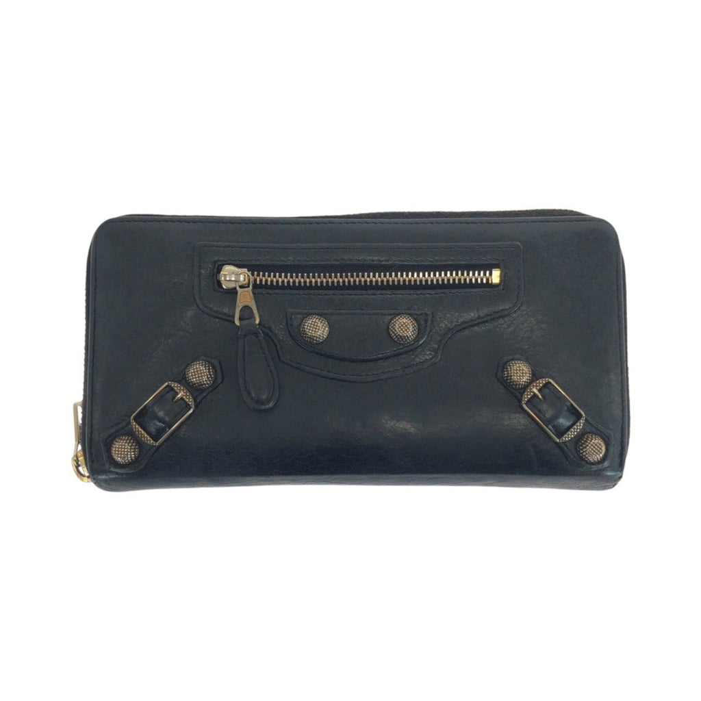 BALENCIAGA City Classic Continental Black Leather Long Wallet with Gold Hardware, Round Zipper, 253053, Women's