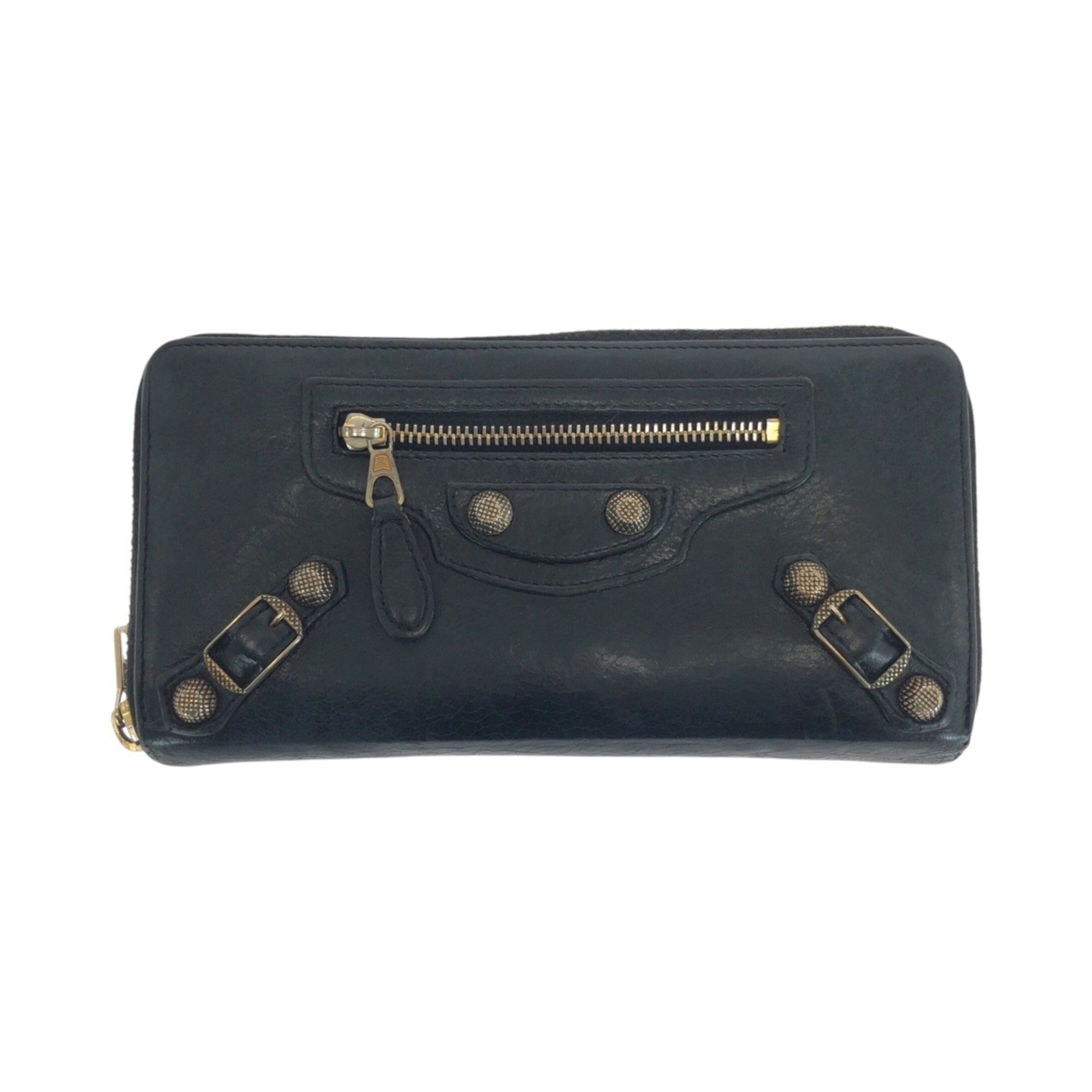 BALENCIAGA City Classic Continental Black Leather Long Wallet with Gold Hardware, Round Zipper, 253053, Women's