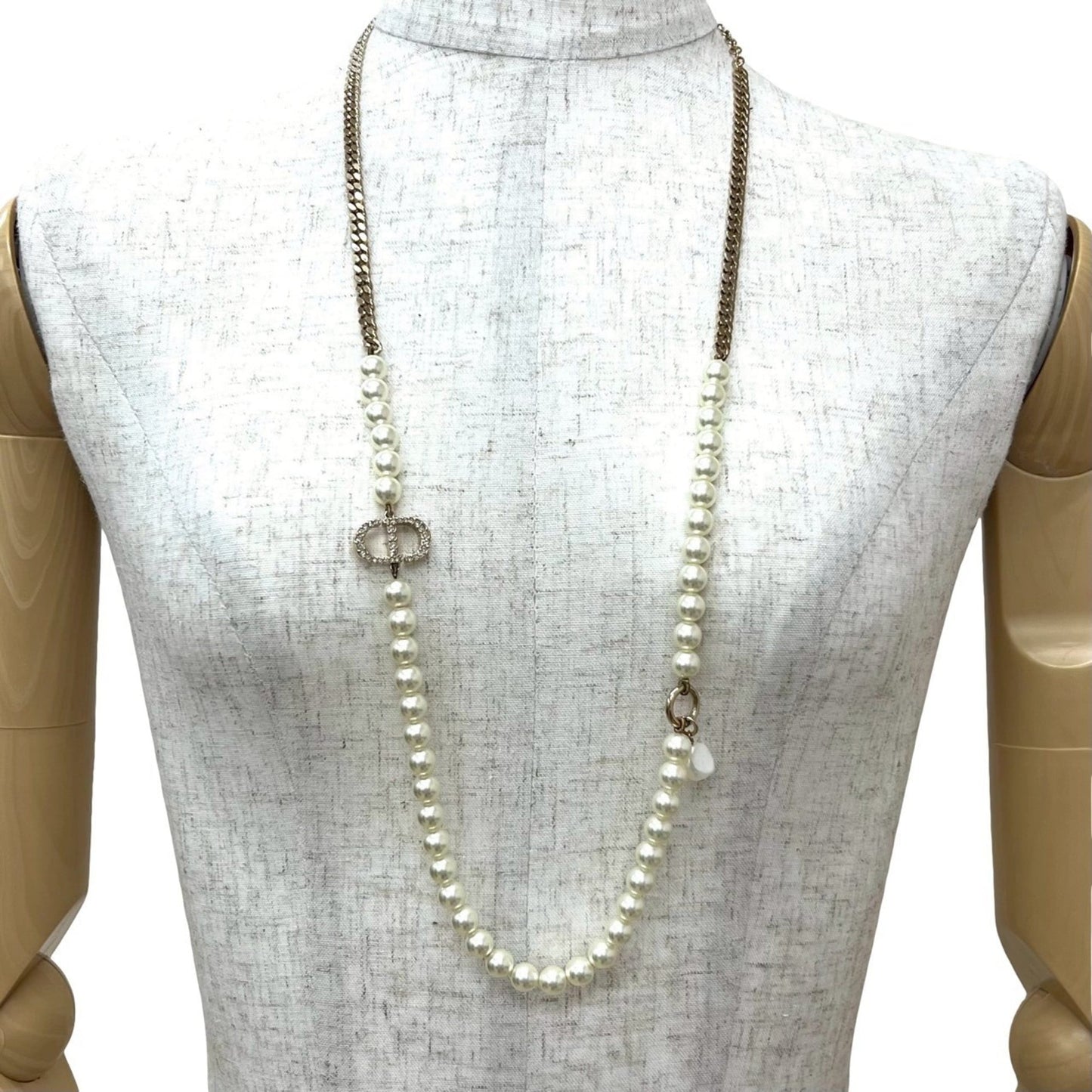 Christian Dior CD Logo GP Faux Pearl Chain Necklace Pendant Gold 09189