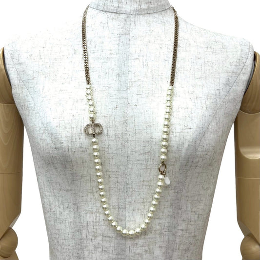 Christian Dior CD Logo GP Faux Pearl Chain Necklace Pendant Gold 09189