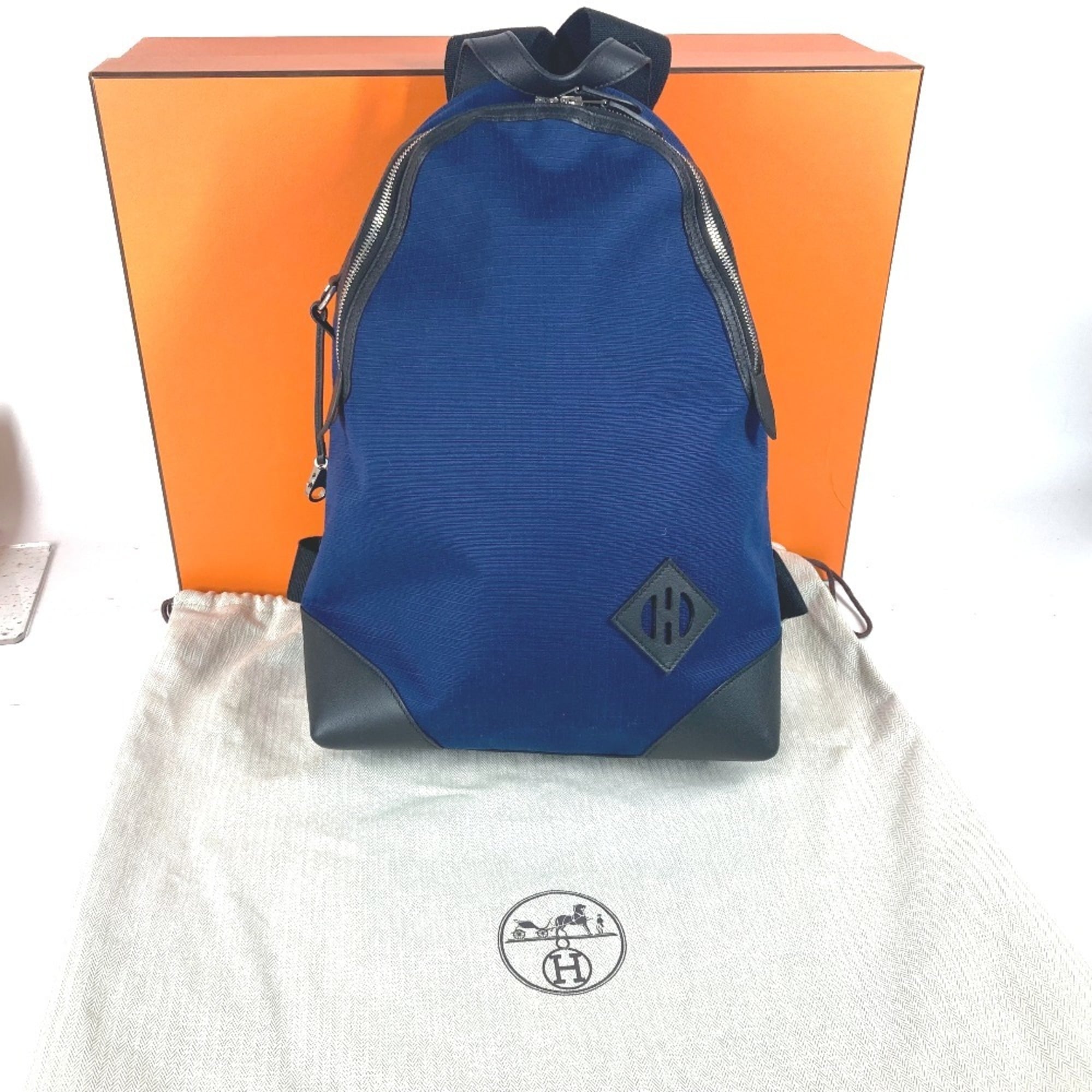 HERMES H Sac Addo All Back Backpack Bicolor Rucksack Leather Canvas Men's Blue E-241127-5 — Like New