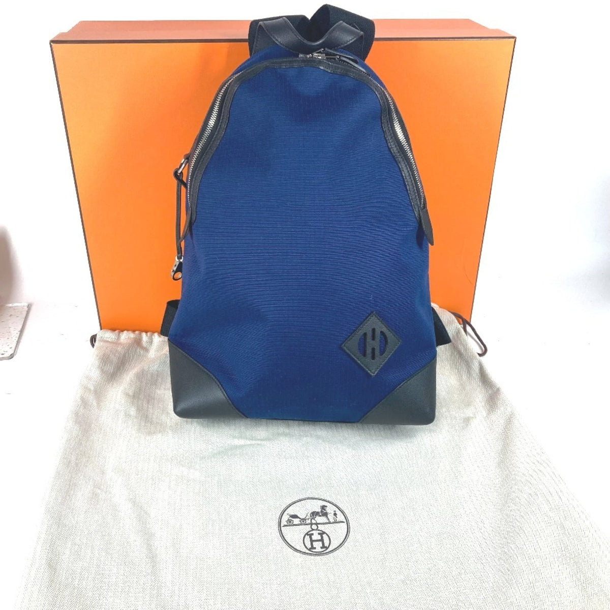 HERMES H Sac Addo All Back Backpack Bicolor Rucksack Leather Canvas Men's Blue E-241127-5 — Like New
