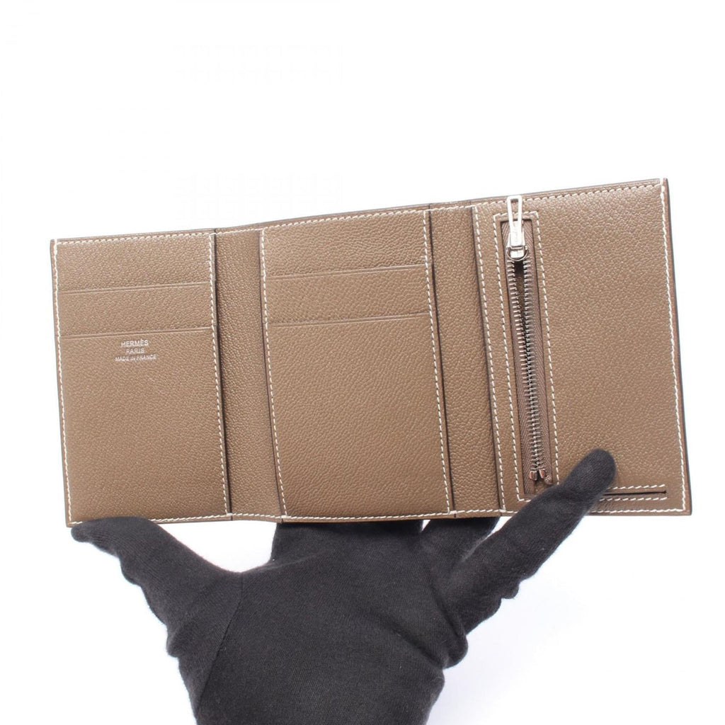 Hermes Hermès Bearn Combination Etoupe Tri-fold Wallet, Chevre, Women's, Gray