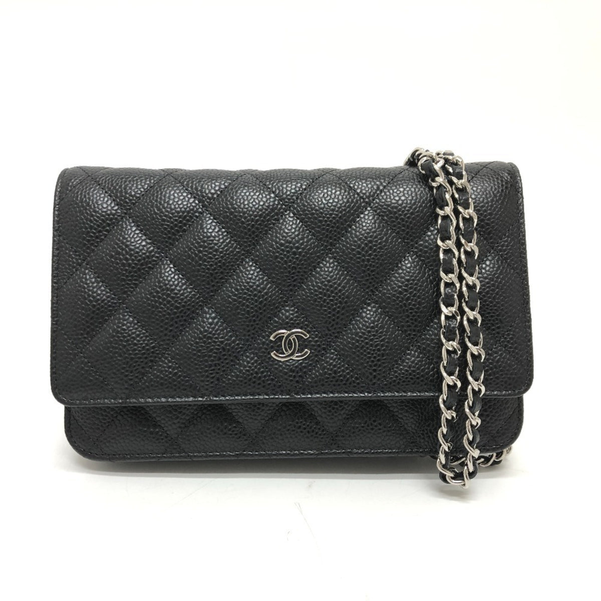 CHANEL AP0250 Matelasse Coco Mark Classic Chain Wallet Shoulder Bag Caviar Skin Women's Silver Hardware Black — New - Store Return
