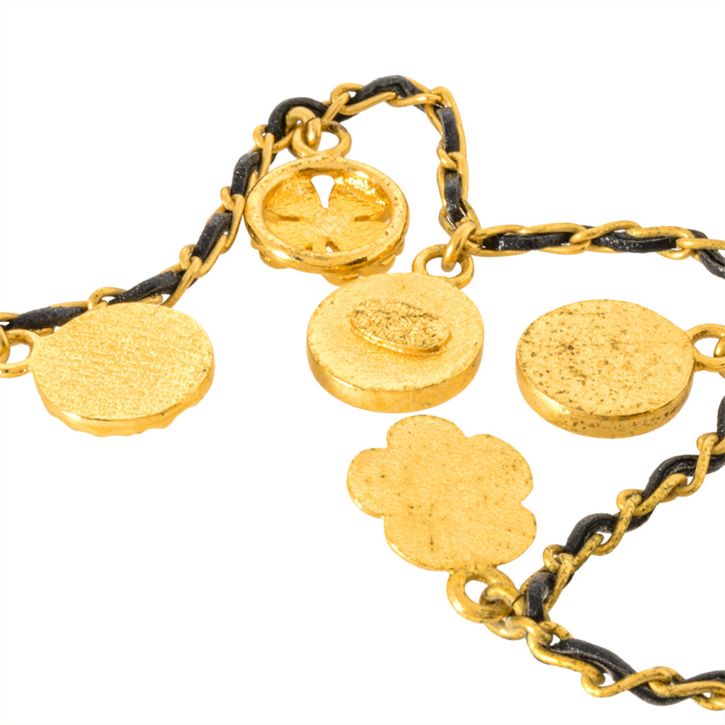 CHANEL Choker Necklace, Metal, Leather, 96 P Engraved, Gold, Coco Mark, Coin, Medal, Clover, Camellia, Women's