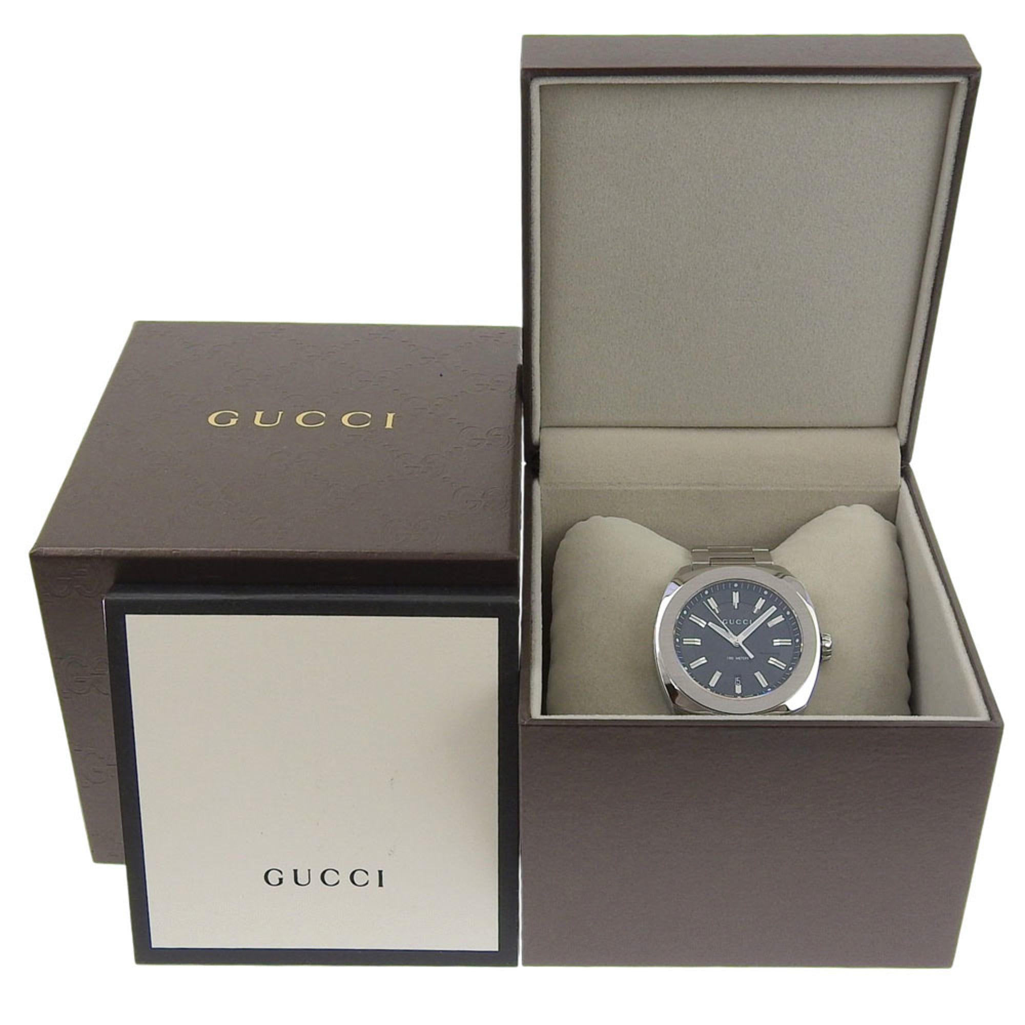 Gucci Date 100m YA142201 142 2 Black Dial Stainless Steel Quartz Watch with Battery, 43mm Men's — Very Good