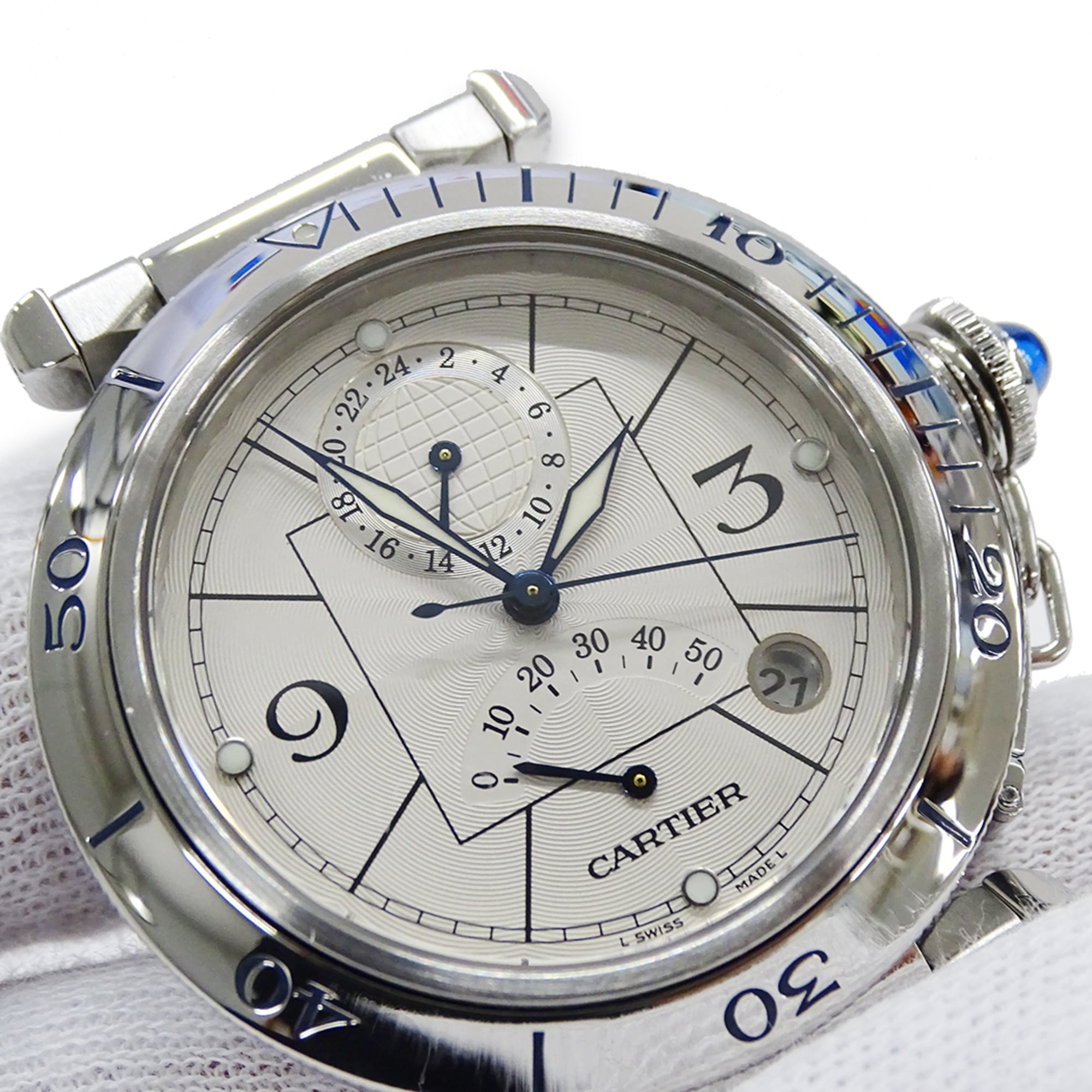 Cartier Pasha Men's Watch, Power Reserve, GMT, Date, Automatic, Stainless Steel (SS), W31037H3, Silver, Round — Good