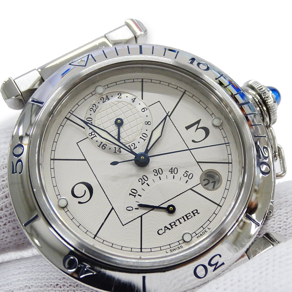 Cartier Pasha Men's Watch, Power Reserve, GMT, Date, Automatic, Stainless Steel (SS), W31037H3, Silver, Round — Good
