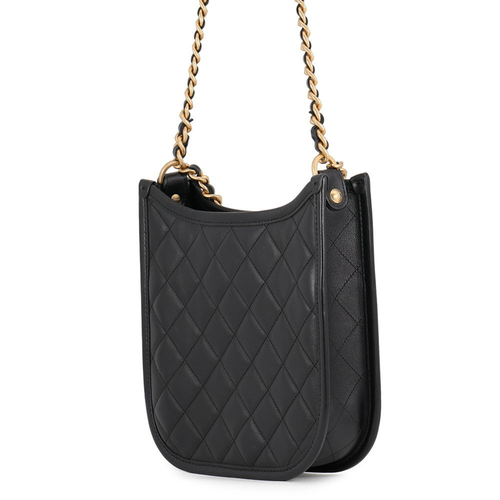 Chanel Chain Shoulder Bag, Matelassé, Coco Mark, Hobo, Lambskin, CHANEL 2-way, Black, Handbag, Women's — Like New