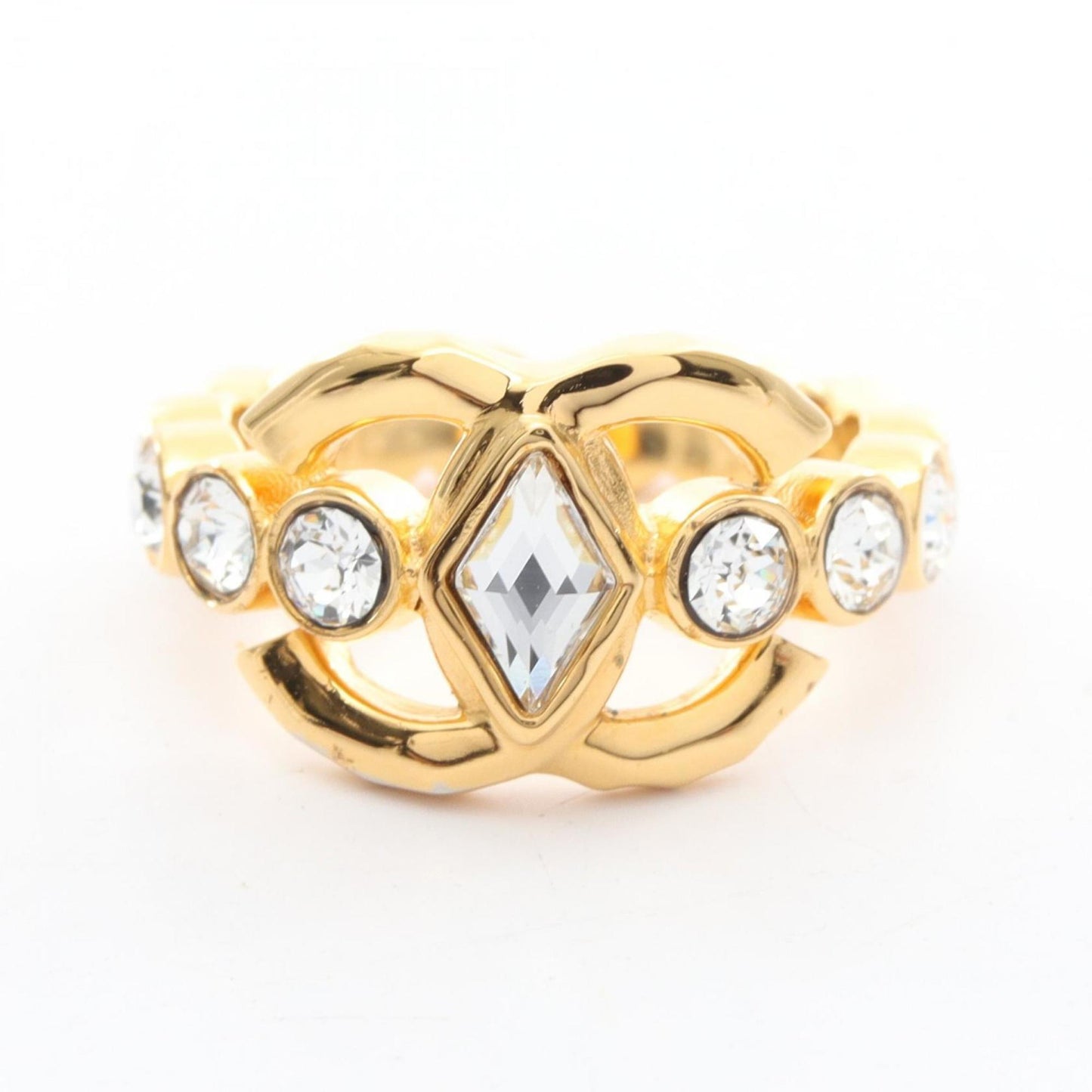 CHANEL Coco Mark Ring, Gold Plated with Crystals, Women's, and Clear