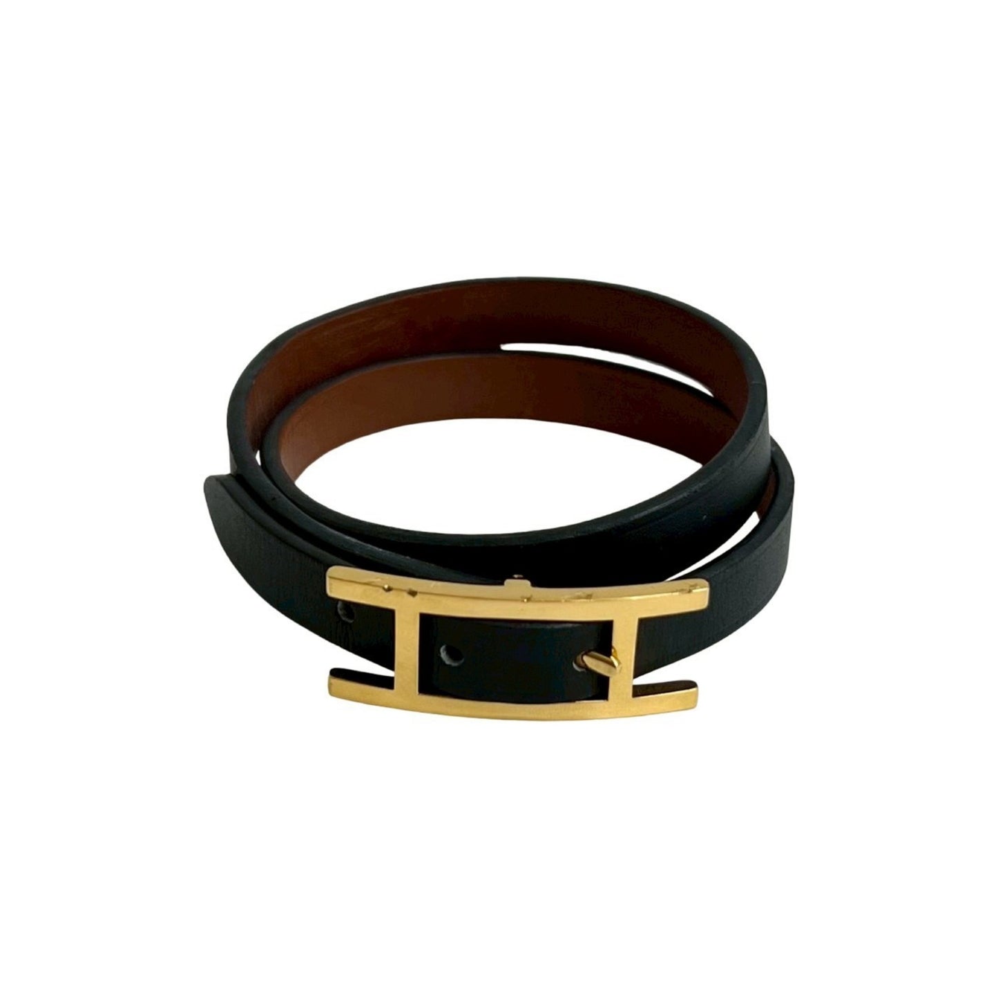 HERMES B-Api Double Tour Leather GP Bracelet Bangle in Black Gold (m1193)
