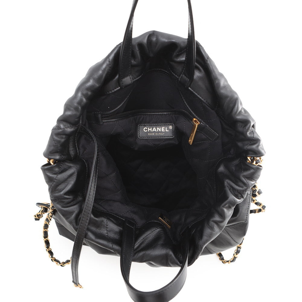 Chanel Backpack, 22 Large, Shiny Calf Leather AS3313, CHANEL Handbag, Black, Women's — Like New