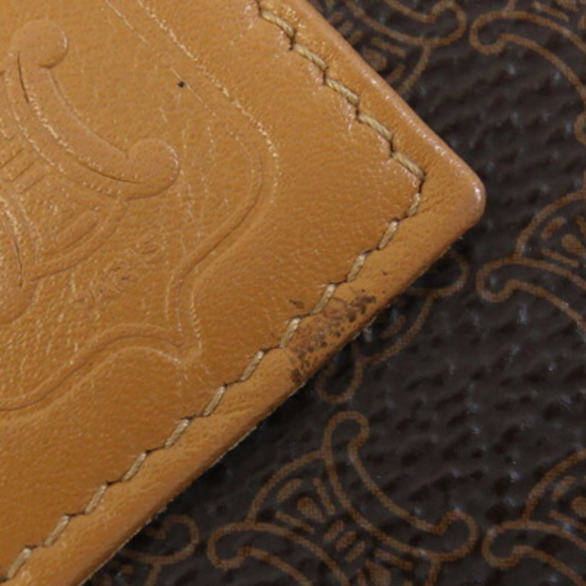 Celine bifold wallet in macadam, dark brown, beige, PVC, and leather. Compact wallet/mini wallet. For older women.