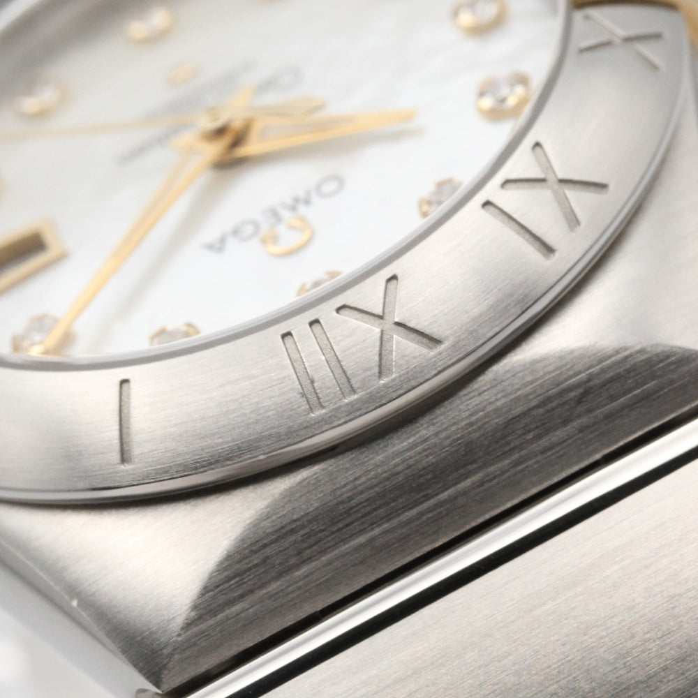 Omega Constellation watch, 18K yellow gold stainless steel, women's, white dial with mother-of-pearl case, model number 123.20.31.20.55.004 — Very Good
