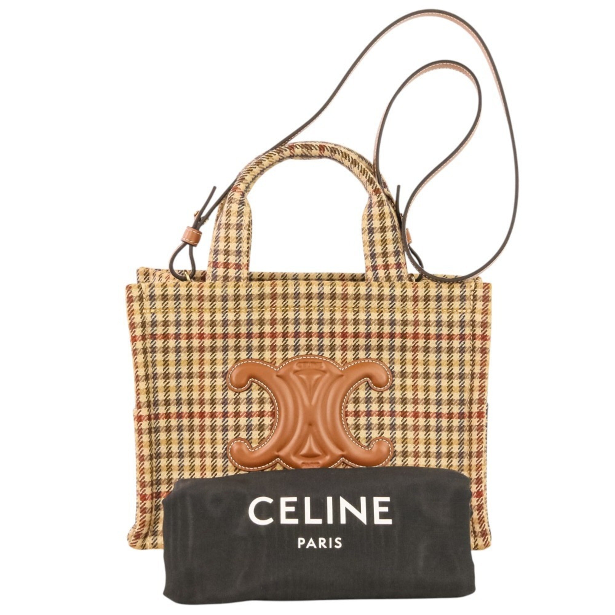 CELINE Triomphe Logo Small Cabas Thais Tweed 2-Way Shoulder Bag 199162EP8.14ML Brown Beige Women's — Like New