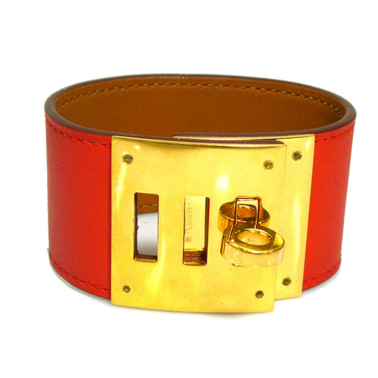 Hermes Kelly Dog Bracelet Leather Metal Orange Red Gold Women's e60389a