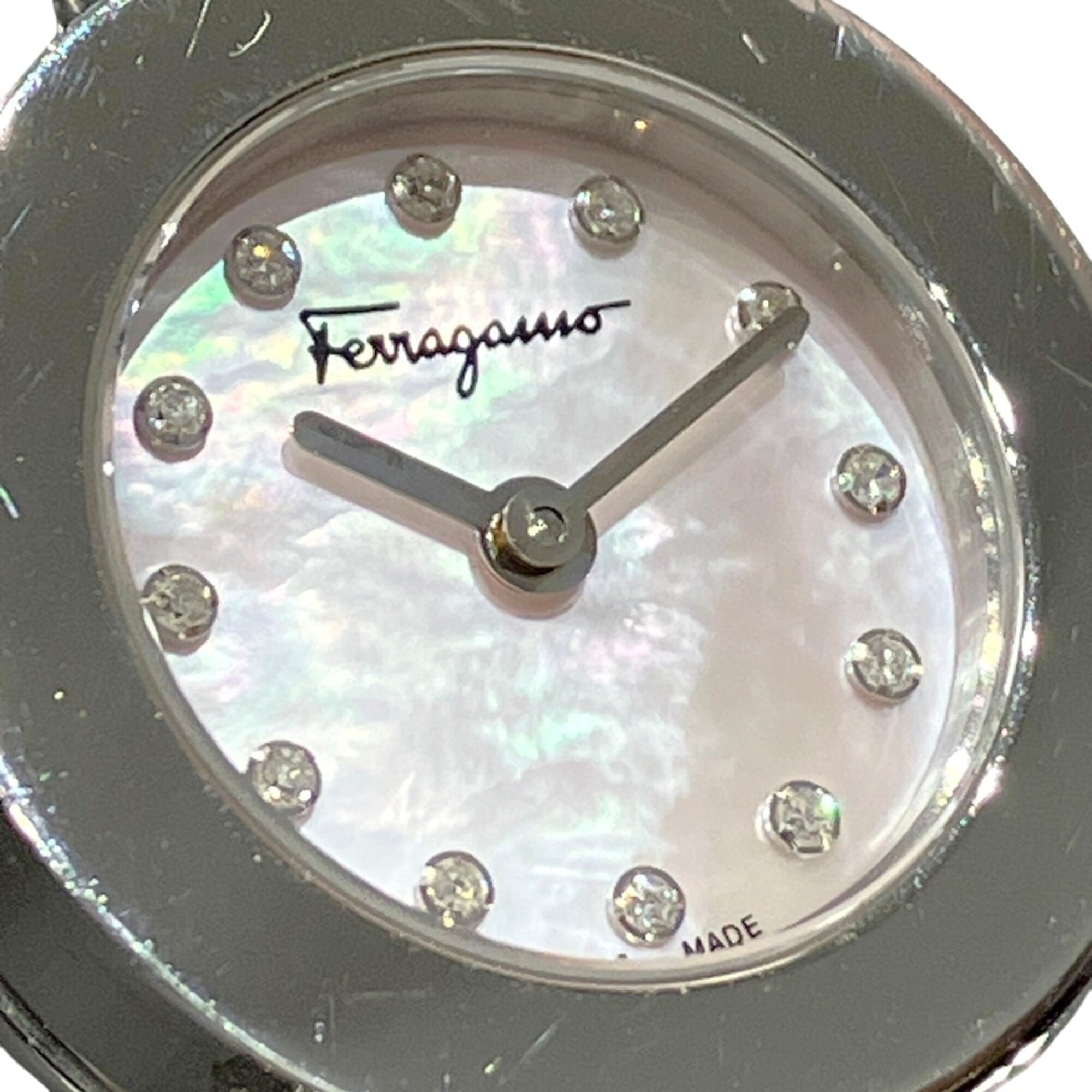 Salvatore Ferragamo Gancini watch, total weight 34.6g, stainless steel, quartz movement, pink mother-of-pearl dial, SFBF00118 — Good