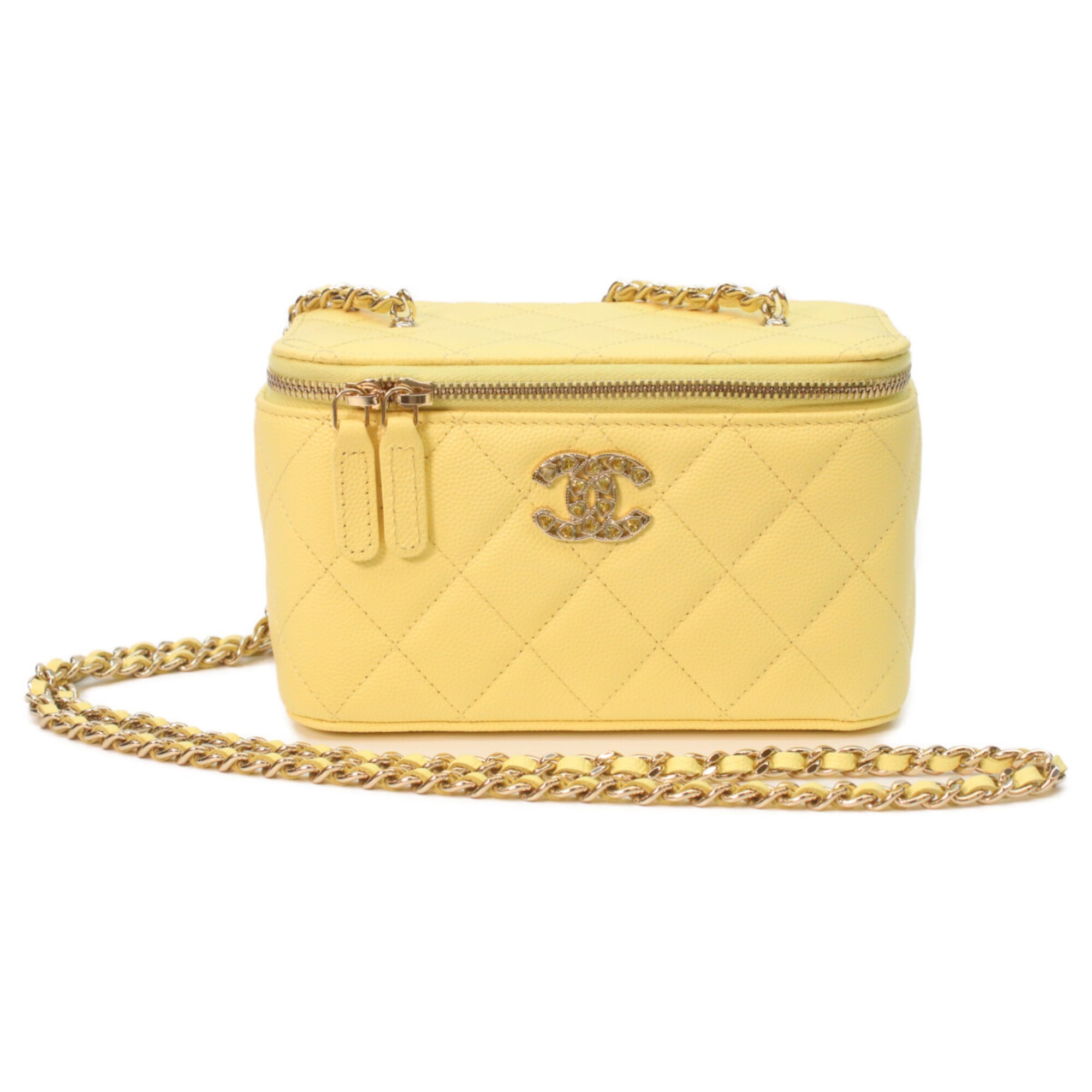 CHANEL AP4530 Yellow Caviar Leather Matelassé Shoulder Vanity Bag with Gold Hardware and Heart Rhinestone Coco Mark - Women's — Like New